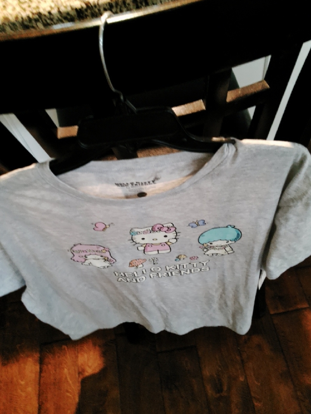 Hello Kitty Pastel Graphic Tee in Light Gray with Pink and Teal Accents